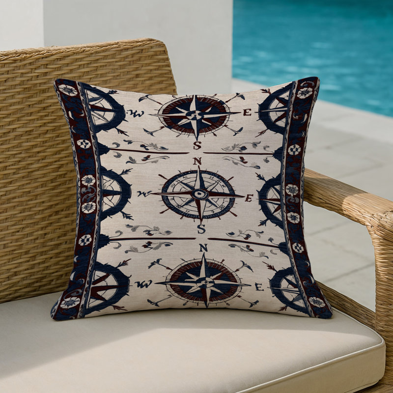 Coussin décoratif historique pour l'intérieur et l'extérieur, Carré 18 po, Motif de rose des vents blanche