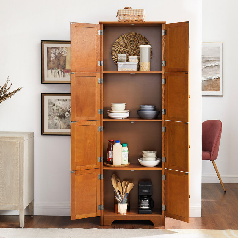 Armoire de rangement de 72,4 po de hauteur en chêne, 8 portes et 4 tablettes. Pour plusieurs pièces. Finition lisse, stable et divers réglages. Surface,
