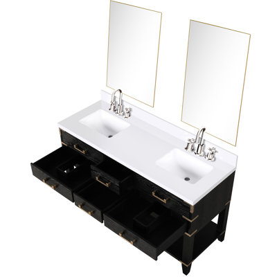 White Quartz Top 60 In. Black Oak Double Bath Vanity Comes With Faucet And 28 Mirrors, Hand - Finished Sealed W X 22 D For Bathroom Settings Top, Faucet, Durability