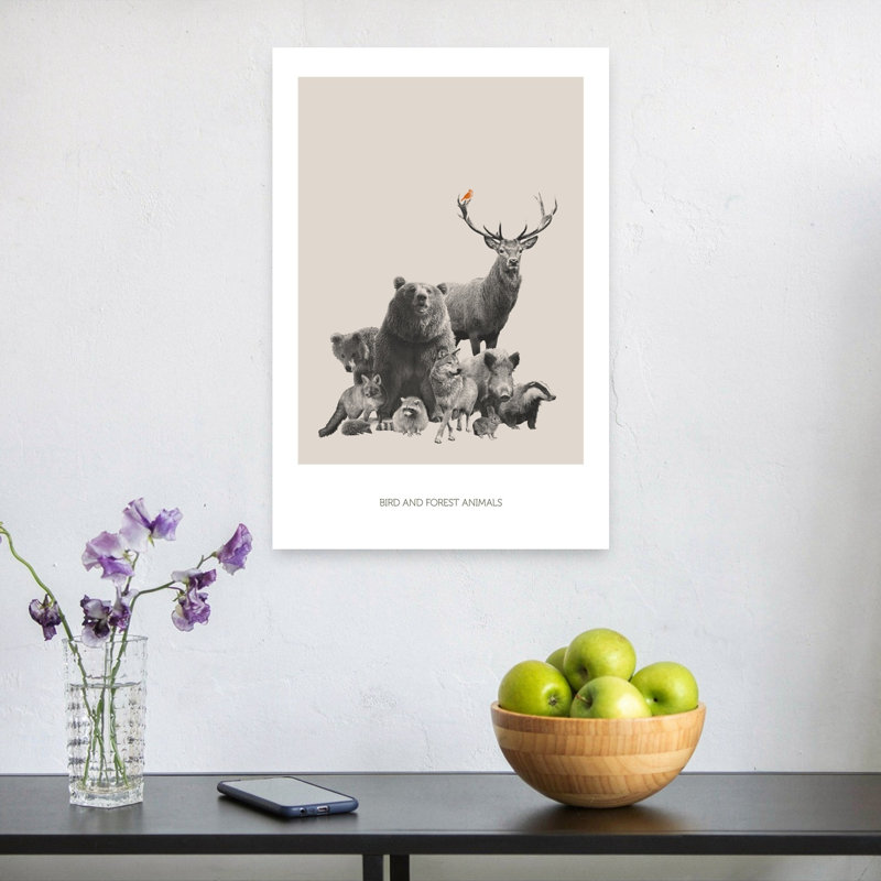 Forest Animal Gathering Abstract Contemporary Bear Deer Fox Forest Landscape Wall Art Print by Sarah Buhler - Wrapped Canvas Print