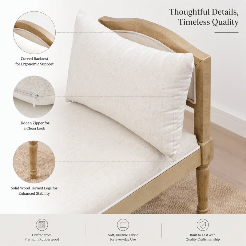 Banc rembourré avec pieds tournés, Beige