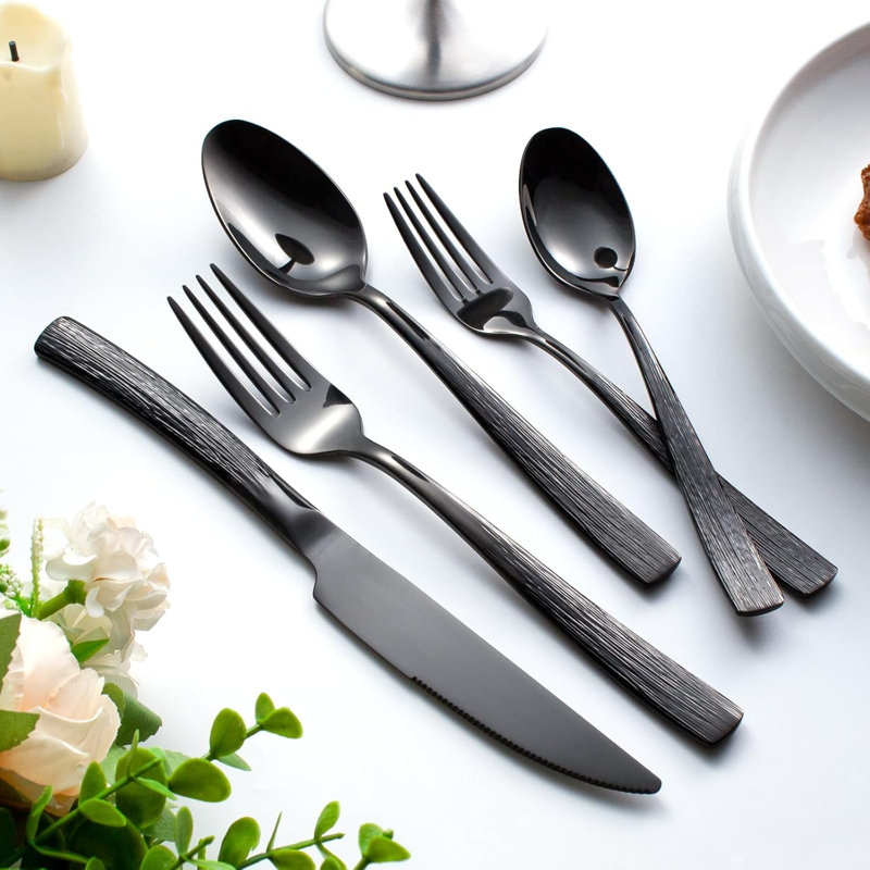 Ensemble de couverts en acier inoxydable 40 pièces pour 8 personnes, argenterie noire robuste avec poignées ondulées, ensemble de couverts polis miroir pour les repas de tous les jours
