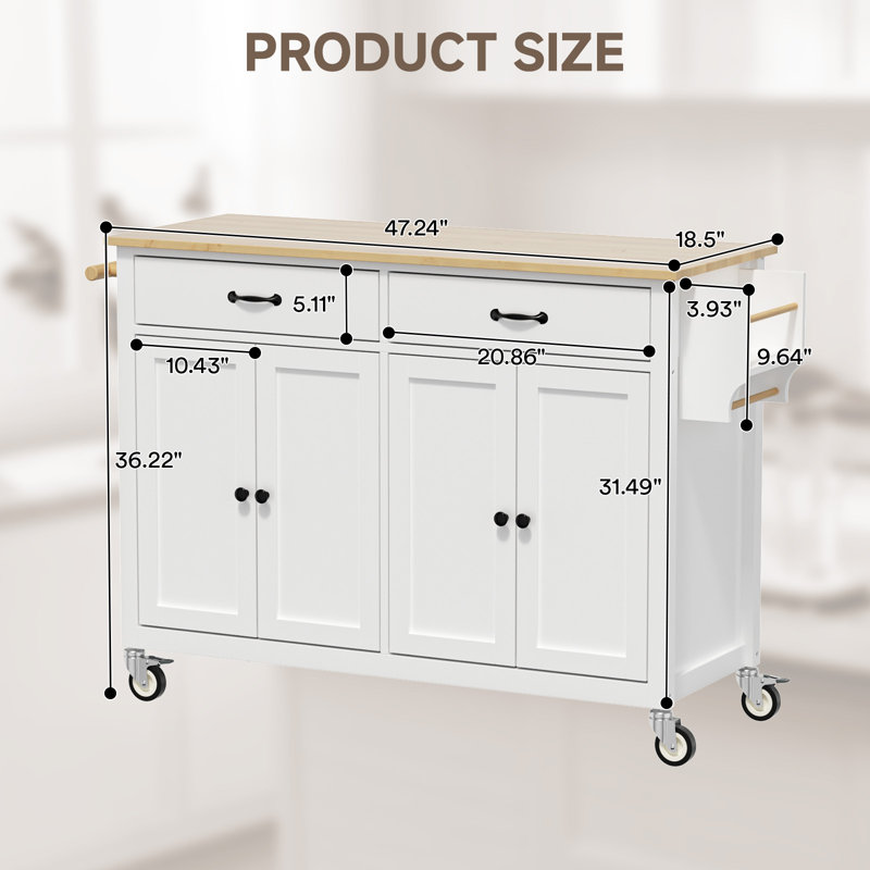 54.3 Inch Width Kitchen Island Cart with Solid Wood Top and Locking Wheels,4 Door Cabinet and Two Drawers, White
