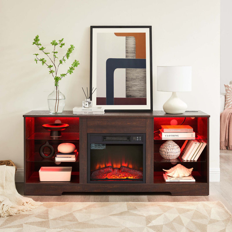 TV Stand Electric Fireplace Glass Shelves, 3D Fireplace TV Stand with LED Lights Wood with USB Charging Outlet Modern Television Table Center for TV up to 62", 58''W*15.5''D*24.4