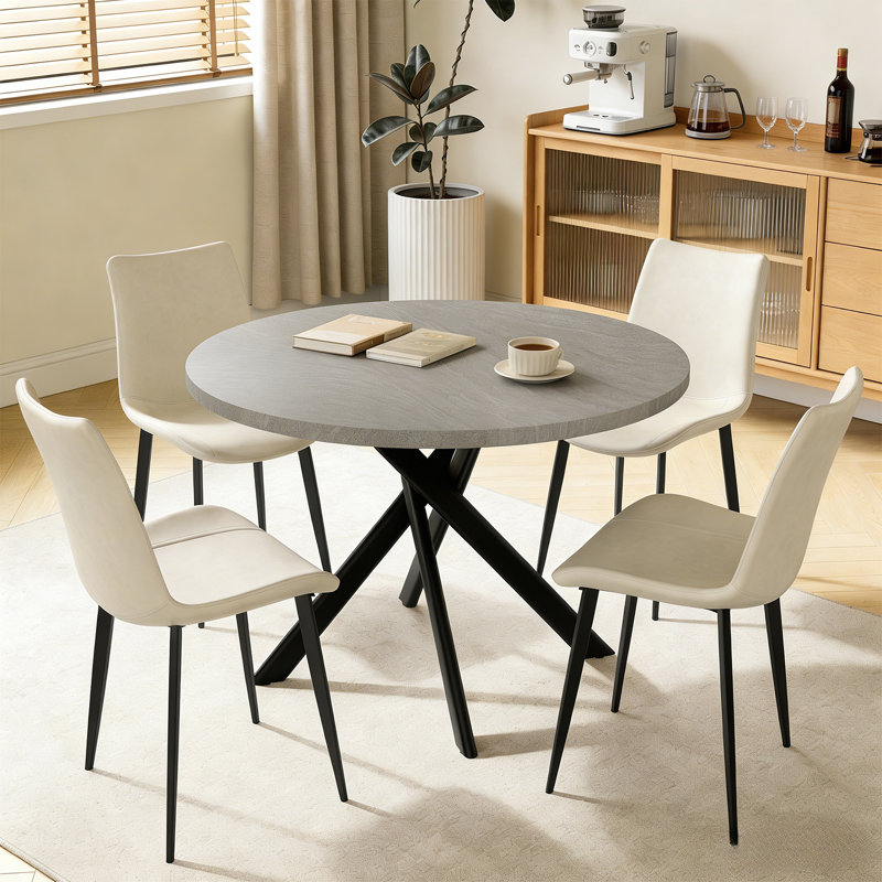 43.4 Inch Round Dining Table Set For 4, Mid Century Modern Small Coffee Set For Dining Room Kitchen Apartment, Beige, Gray