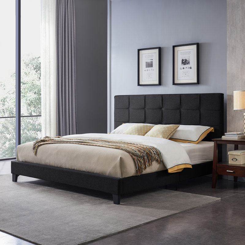 [Ship To Canada Only] King-Size Upholstered Platform Bed Frame With Contemporary Tufted Waffle Stitching, Easy Assembly, Black