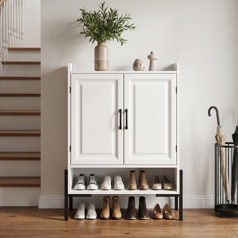 30" W 2-Door Shoe Storage Cabinet, Modern Entryway Shoe Organizer with Adjustable Shelves & Open Shelf, White Shoe Cabinet for Entryway, Hallway, Closet