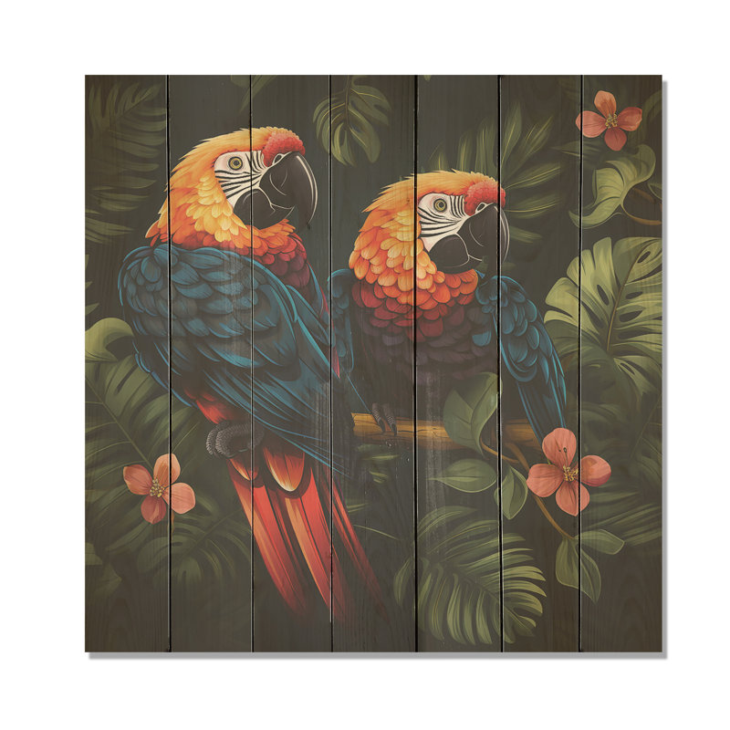 Perroquets tropicaux orange et verts - Perroquet sur bois, H 15 po x l 15 po