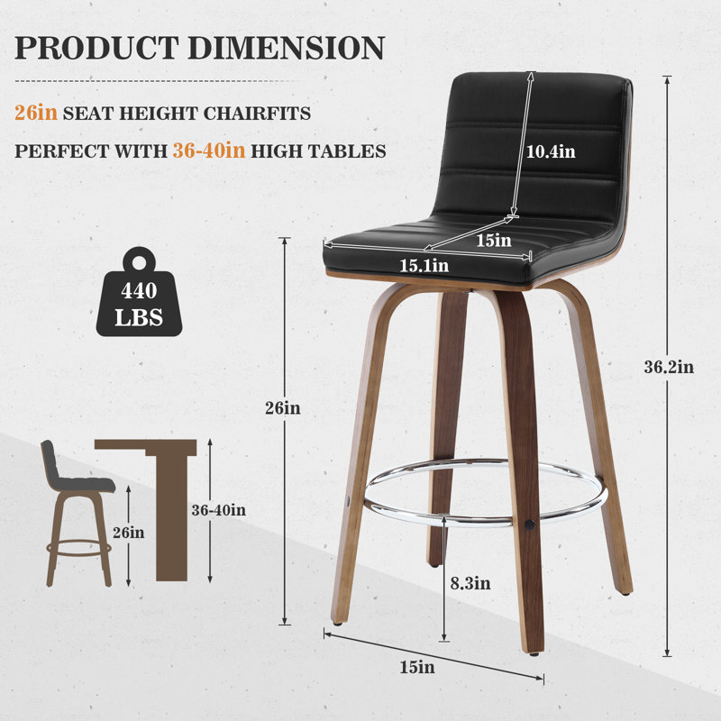Tabouret de bar et de comptoir pivotant rembourré, Tabouret de comptoir (siège d'une hauteur de 26 p, Noir