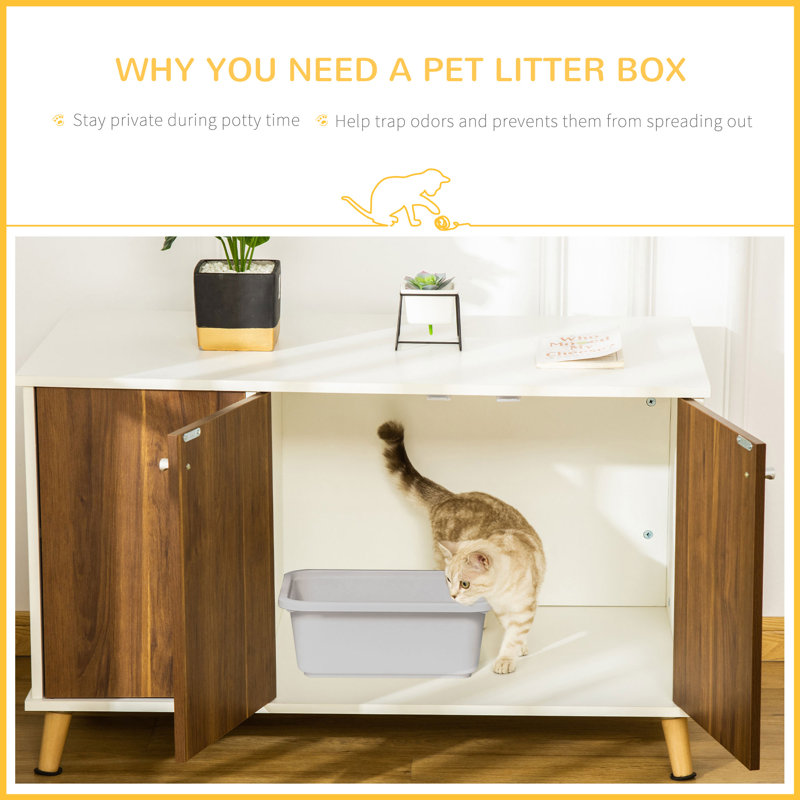 White and Walnut Wood Cat Litter Box Enclosure Cabinet