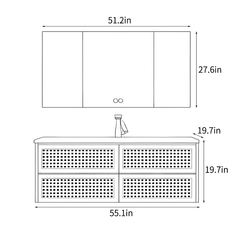 Armoire de salle de bain en rotin simple de style japonais, H 19,7 po x l 55,1 po x P 19,7 po