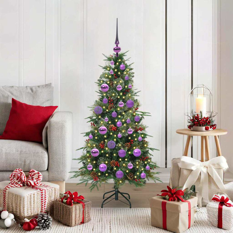 Artificial Hinged Christmas Tree Green PE and PVC, Green/Purple, 3.94' H