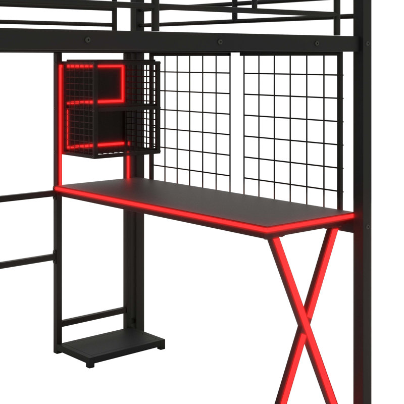 Lit mezzanine double en métal avec espace de travail intégré, garde-robe, escalier de rangement et éclairage DEL