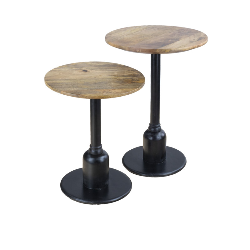 Ensemble de 2 tables d'appoint rondes - dessus en bois de manguier massif et cadres en métal robustes