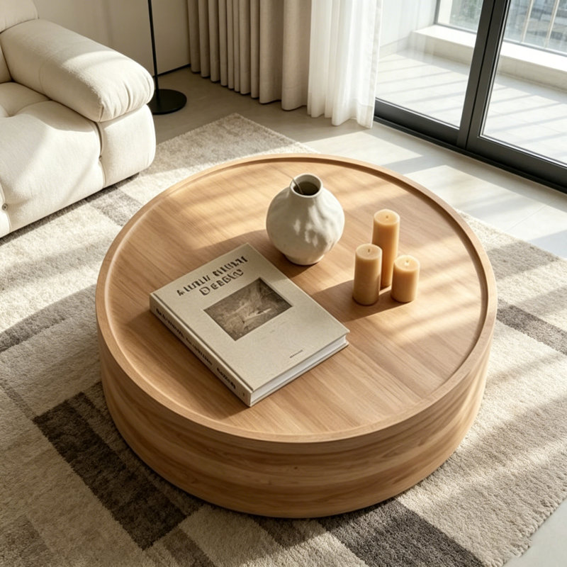 Table basse ronde avec grain de bois naturel pour salon moderne, aucun assemblage requis, pour les espaces compacts