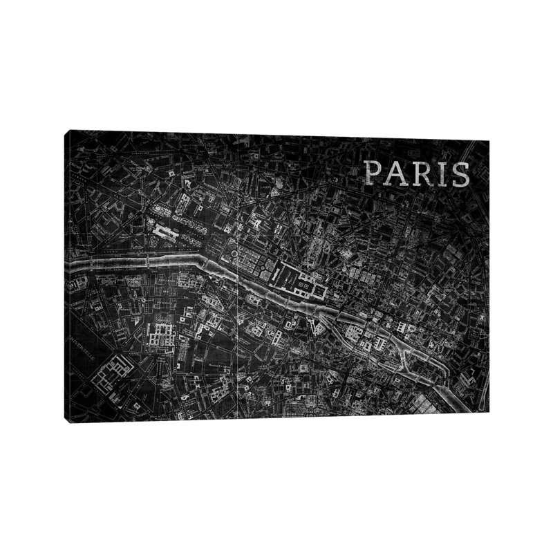 Map Paris, Vintage In Black by PI Studio - Wrapped Canvas Print, 66.04 cm H x 45.72 cm W x 3.175 cm D