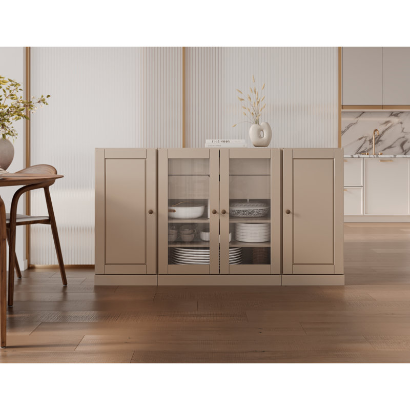 Buffet 100% bois massif 65 po avec portes en verre massif et transparent, 2 tiroirs et tablettes réglables, Beige