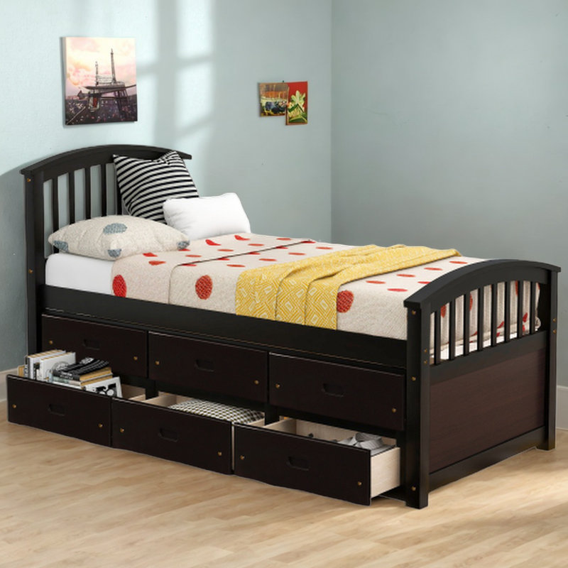 Herminio Solid Pinewood Twin Bed Frame with Drawers and Slat Support Storage Bed, Espresso