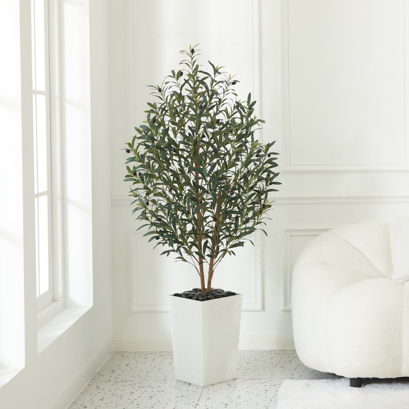 Faux olivier George avec protection UV, 2 troncs naturels, grand olivier décoratif en pot, H 60 po x l 20 po x P 20 po, Blanc