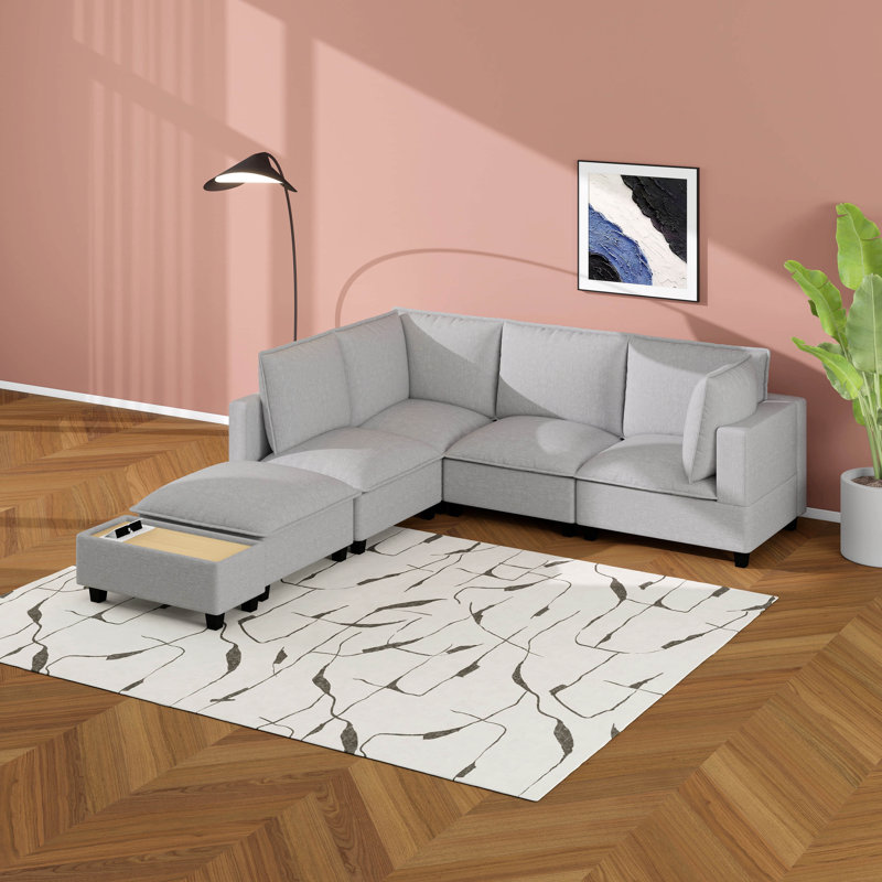 Ensemble de canapé modulaire moderne en chenille en U de 90 po, canapé modulaire avec repose-pieds mobile, table basse avec dispositifs de chargement cachés
