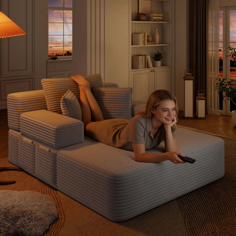 Luxueuse chaise longue convertible avec fonction canapé-lit 2-en-1, coussin en mousse à ressort, pochette de rangement et conception sans assemblage pour les petits espaces