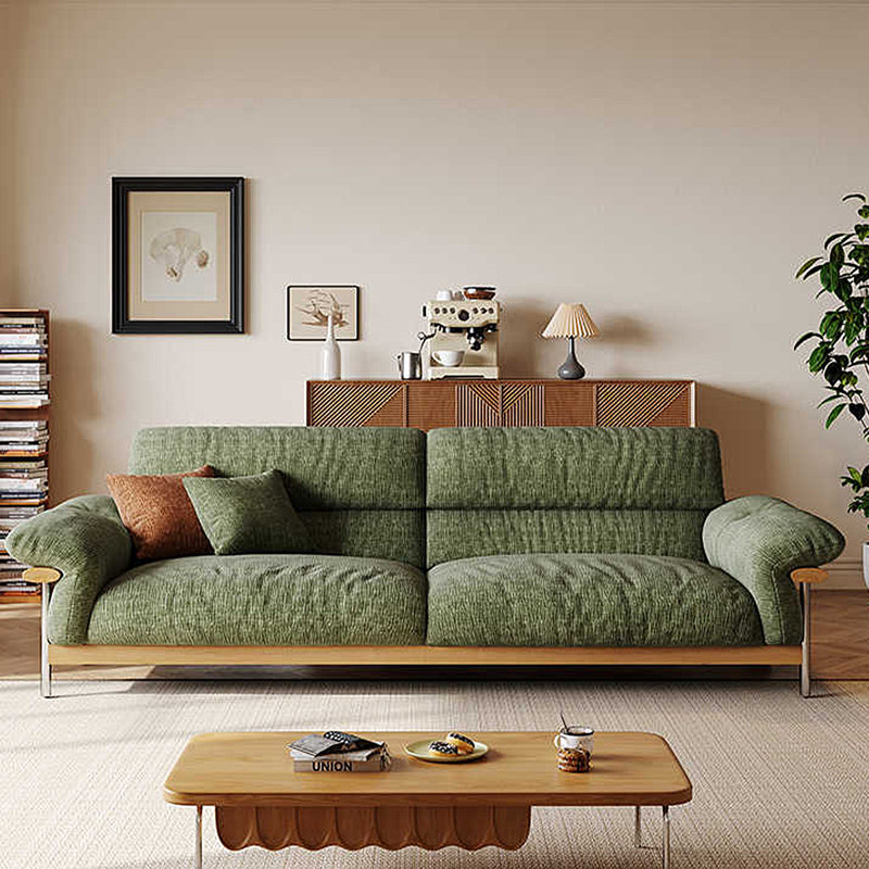 88.58"Green linen-blend loveseat with throw pillows, 35.43" H x 88.58" W x 37.4" D