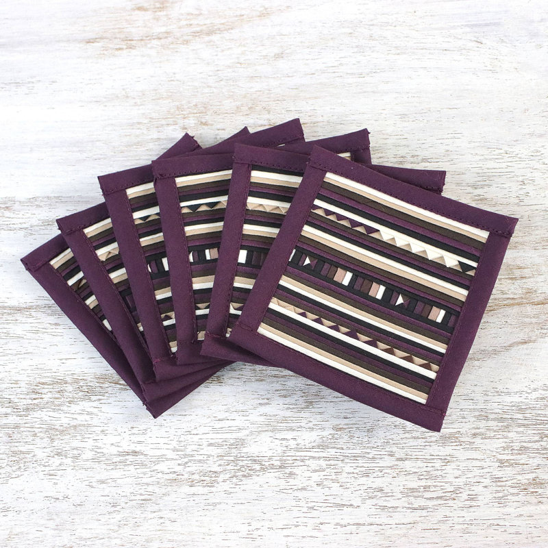 Lahu Cotton Square 6 Piece Coaster Set, Purple/White