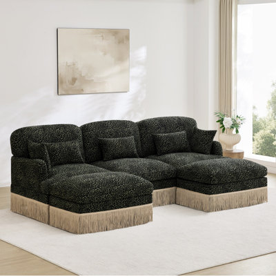Canapé en U 100 po en chenille confortable à imprimé léopard, bord à pampille délicat, repose-pieds mobiles, style moderne, dossier et siège ergonomiques, assemblage facile, siège profond pour le salon