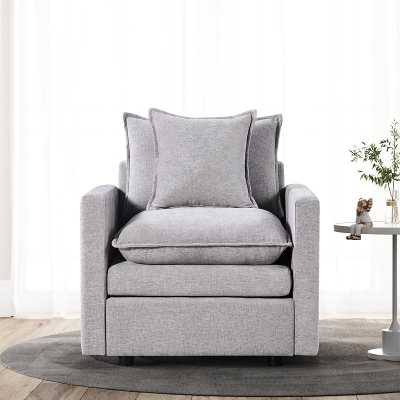 Fauteuil en chenille à assise profonde - tissu et coussins à double couche pour la lecture de salon moderne généreusement rembourré avec des coussins, structure en bois massif, teinte grise