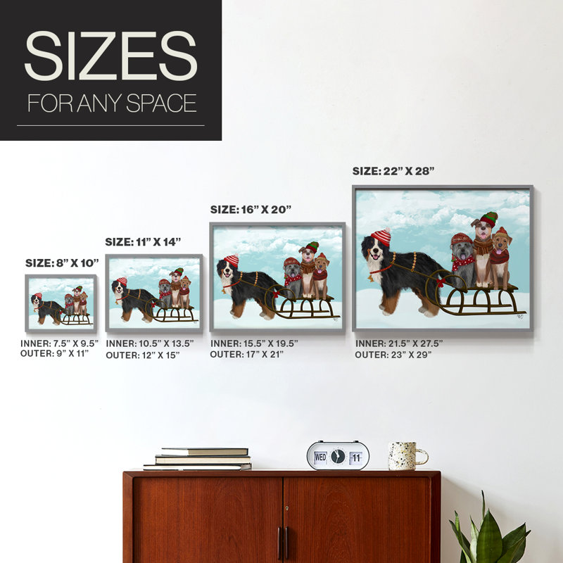Christmas Mutt Sled -Framed Print - Restickable, 16" H x 20" W, Gray