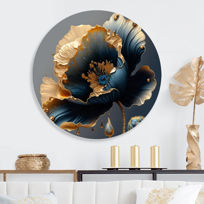 Bleu profond et fleur simple dorée IV - Art mural rond floral sur métal, L 16 po x H 16 po