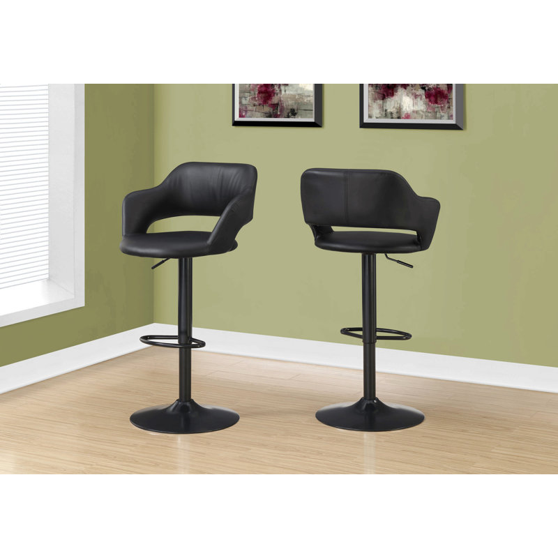 Bar Stool, Swivel, Bar Height, Adjustable, Metal, Leather Look, Contemporary, Modern, Black Seat/ Black Frame