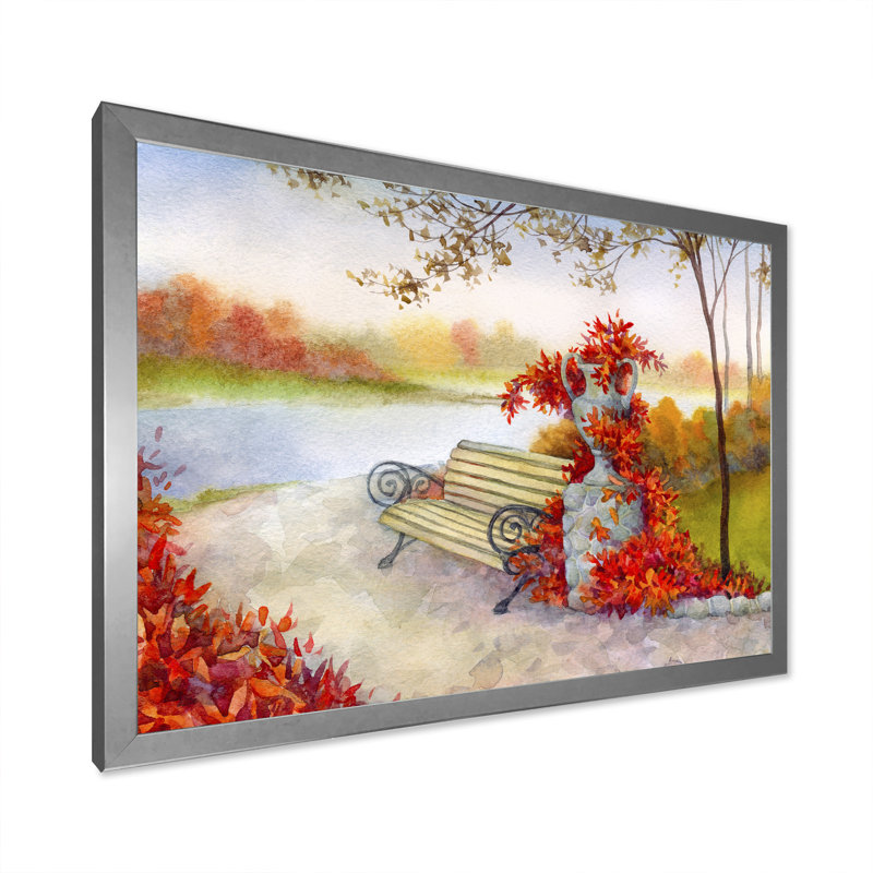 «Romantic Bench in Autumn Park», reproduction de cadre photo sur toile, Toile argentée avec cadre photo
