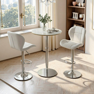 Table de bar ronde réglable et 2 tabourets avec plateau en pierre frittée pour îlot de cuisine ou bar personnel