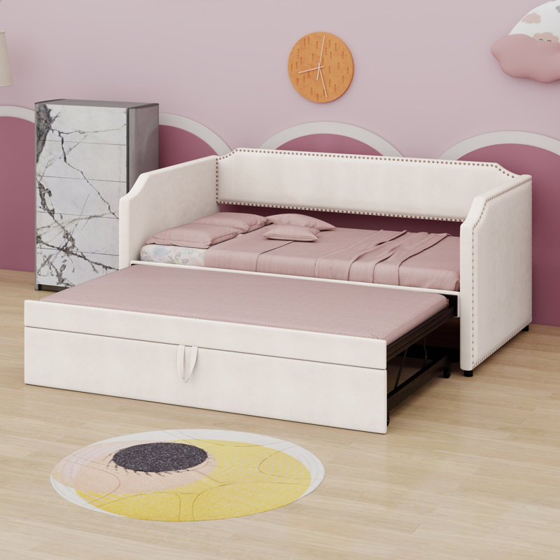 Velvet Upholstered Daybed With Pop Up Trundle, Beige