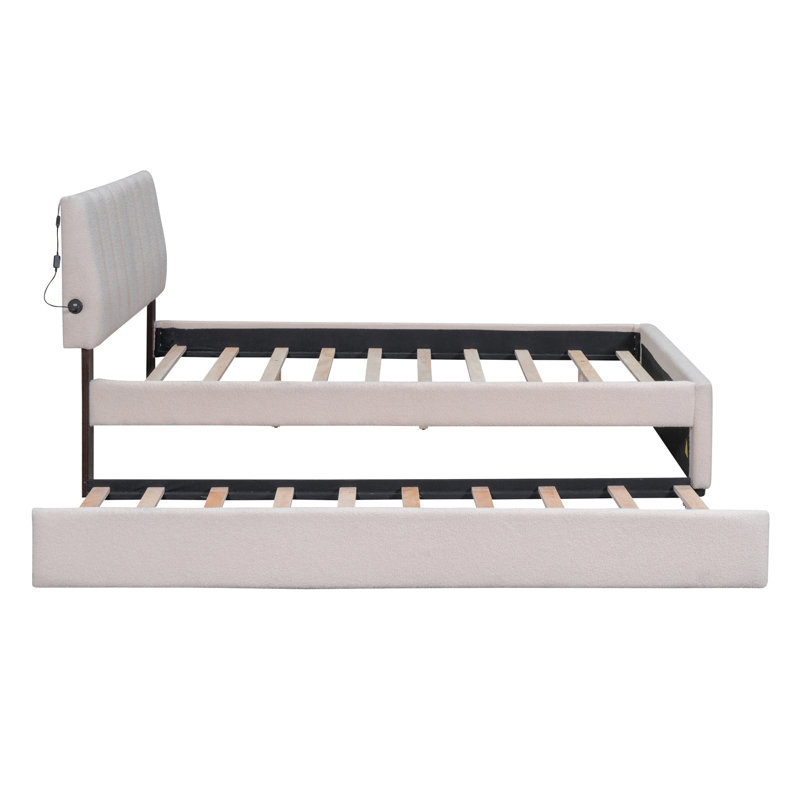 Teddy Fleece Full Size Upholstered Platform Bed With Twin Size Trundle, Beige
