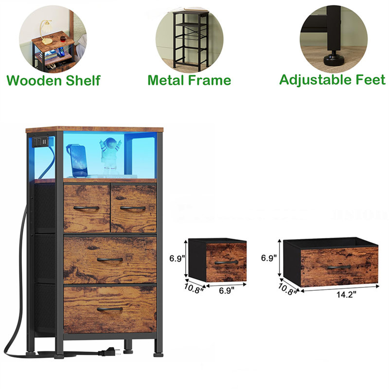 Multifunctional Bedside Table With Charging Station, LED Lights & Storage, Brown