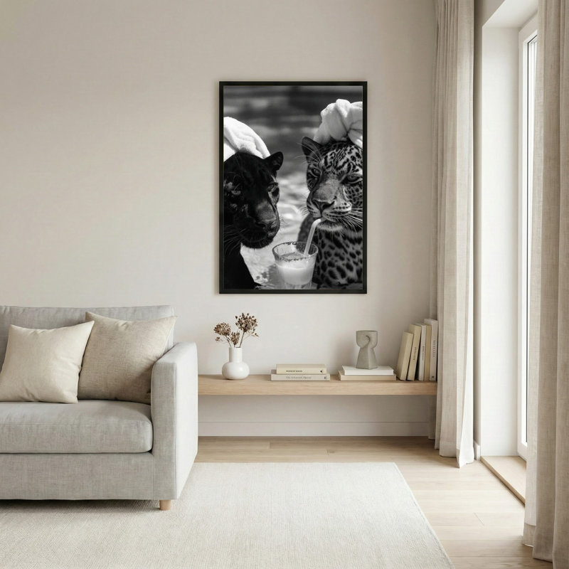 Noir et blanc panthère et léopard avec cocktail, reproduction d'art sur toile tendue sur toile, ensemble de 1