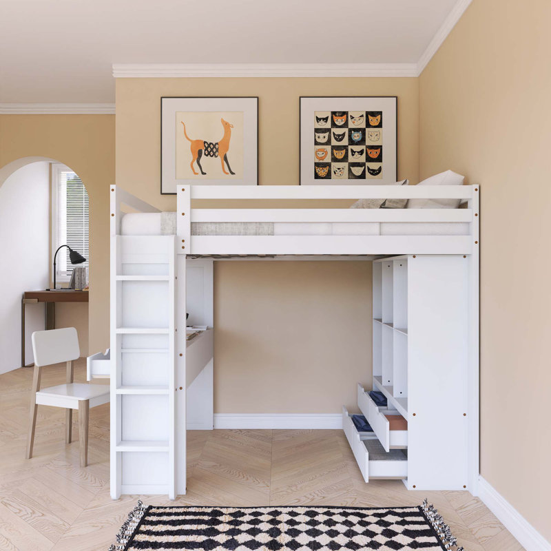 Lit mezzanine double blanc avec grandes tablettes, bureau et lumière DEL blanche, Double, Blanc