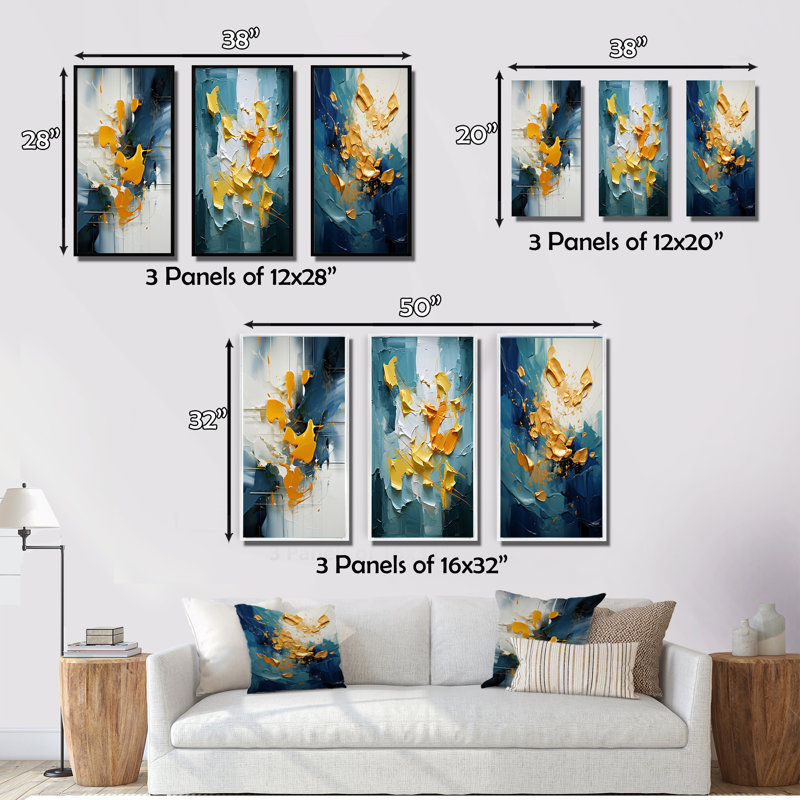 Spring Bliss Abstract Turquoise And Yellow - Abstract Painting Art Set Of 3 Pieces, Toile tendue, H 40 po x l 60 po