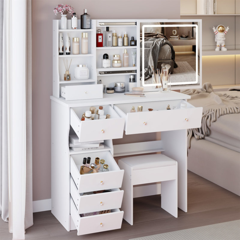 37" Middle Size Left Drawer Desktop Vanity Table + Cushioned Stool, Large Sliding, Touch Control, Tri-Color Switching, Brightness Adjust LED Mirror, High Capacity Storage, Suitable For Large Space