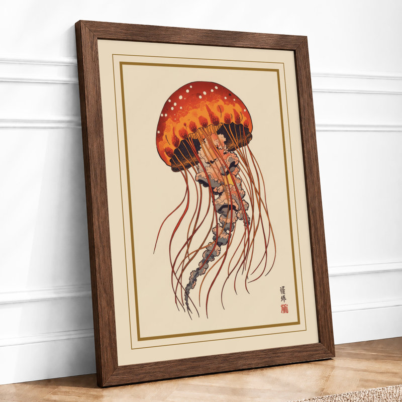 Jellyfish Study Japandi - Framed Print, A4 - 29.7 x 21.0 cm, Walnut