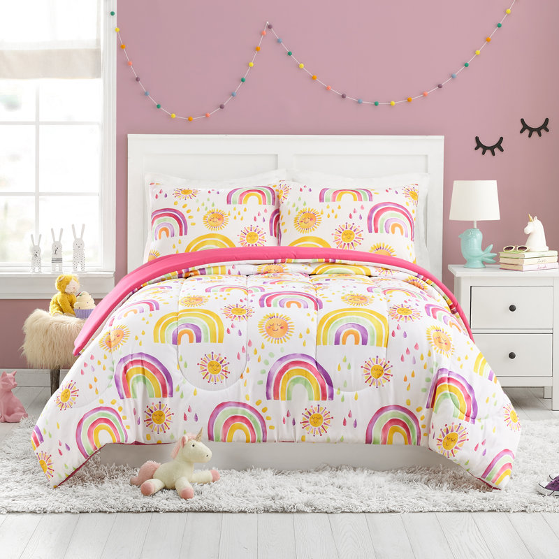 Rainbow & Suns Pink Reversible Microfiber Kids Comforter Set, Twin/XL Twin Comforter + 1 Pillow Sham