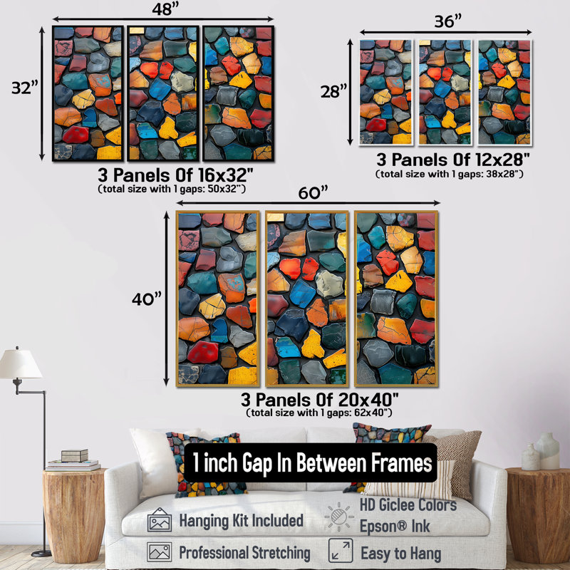 «Colorful Mosaic Tiles Beauty II - Boho Mosaic Decor», ensemble de reproduction d'art mural, Toile avec cadre flottant noir