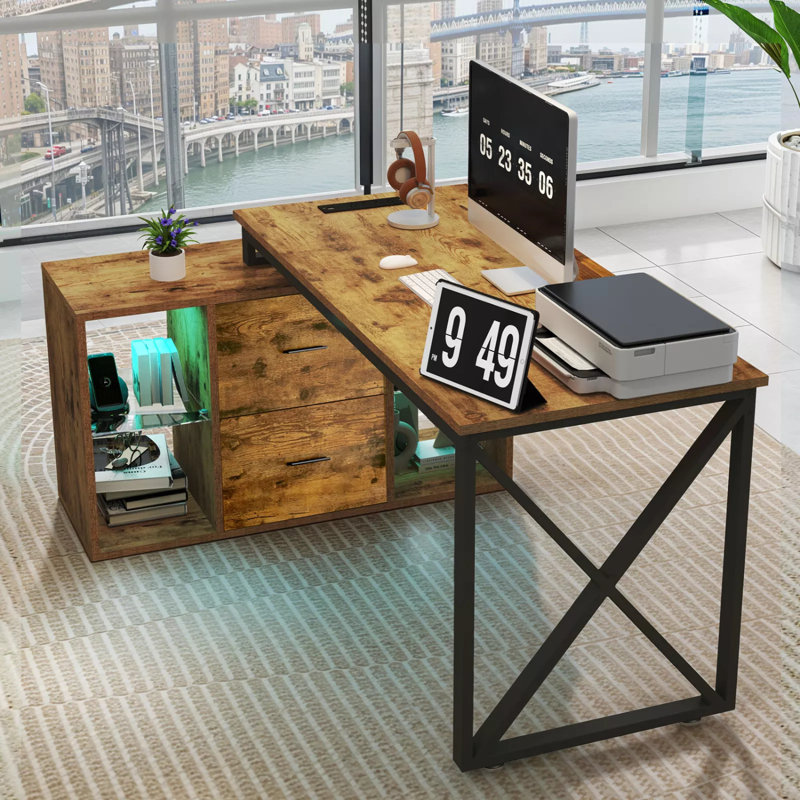 Reversible  L Shaped Writing Desk with LED Light & Power Outlets, Brown/Black