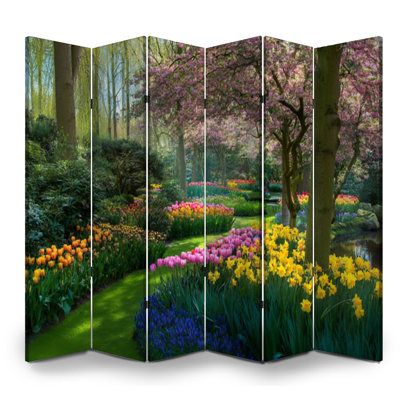 6 Panels Folding Screen Room Divider Royal Spring Garden Canvas Screen Room Separator Freestanding Protective Wall Divider Privacy Partition