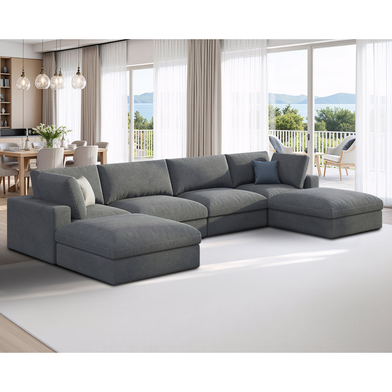 Modechai Sectional Sofa, 152“ Down Filled Sofa, 6 Seats U Shaped Couch with Chaise, Ottoman, Gray Linen