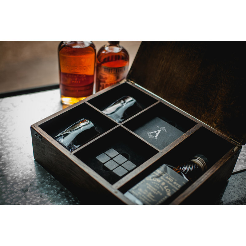 Monogram Whiskey Oak Box, ensemble de 2 verres à whisky et pierres Espen, W