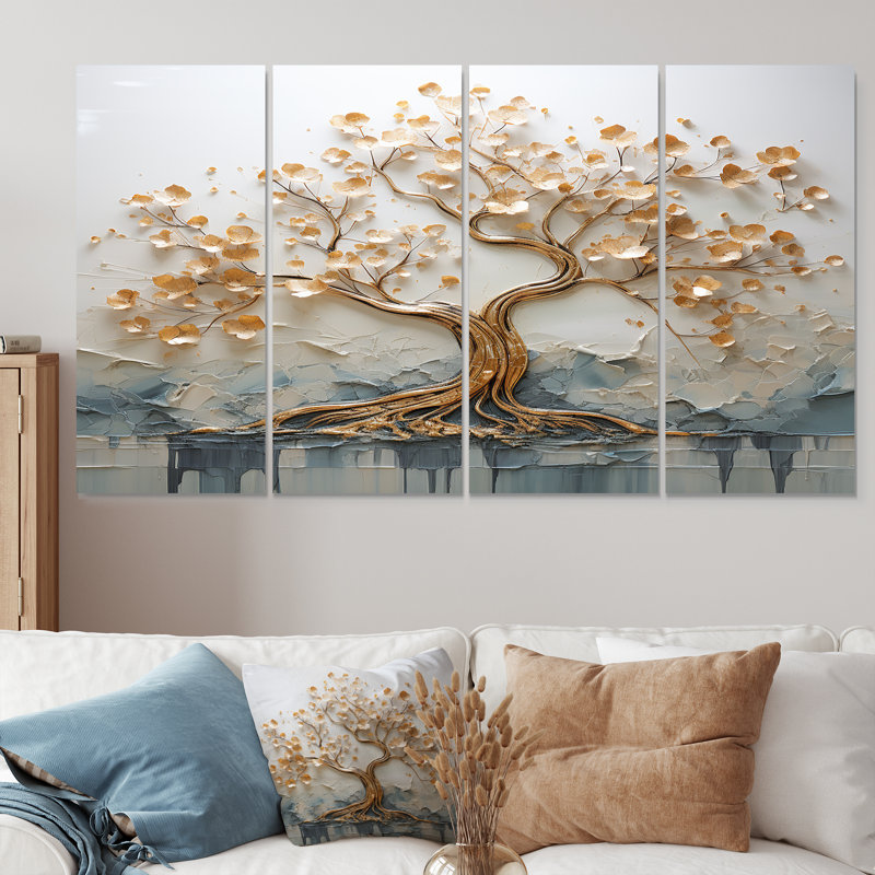 «Golden Tree In Lake Early Spring I», ensemble d'art mural 4 pièces, H 32 po x l 64 po