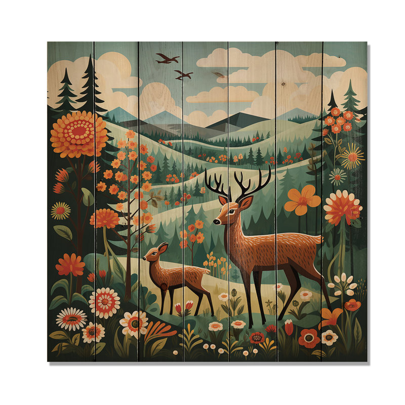 Orange And Green Deer Family Wood Serenity  - Deer Animal On Wood Print, 30" H x 30" W